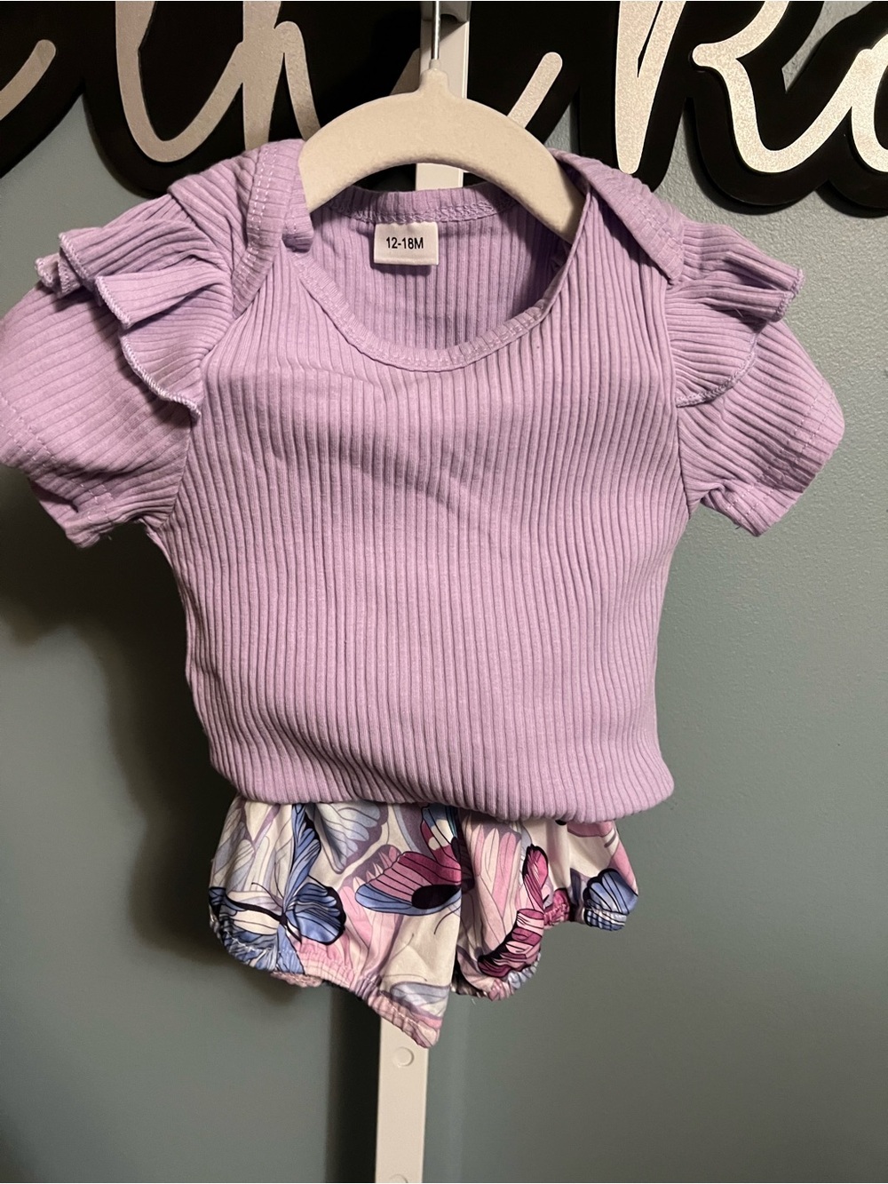 Butterfly Shorts and Ribbed Ruffle Lavendar Short Sleeve Onesie, Belt, & Bow